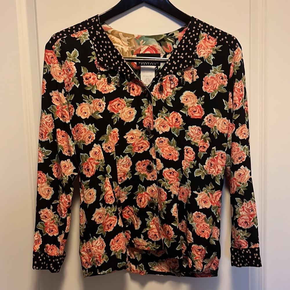 Carole Little Crop Blouse Black Floral Roses Embellished Long Sleeves …